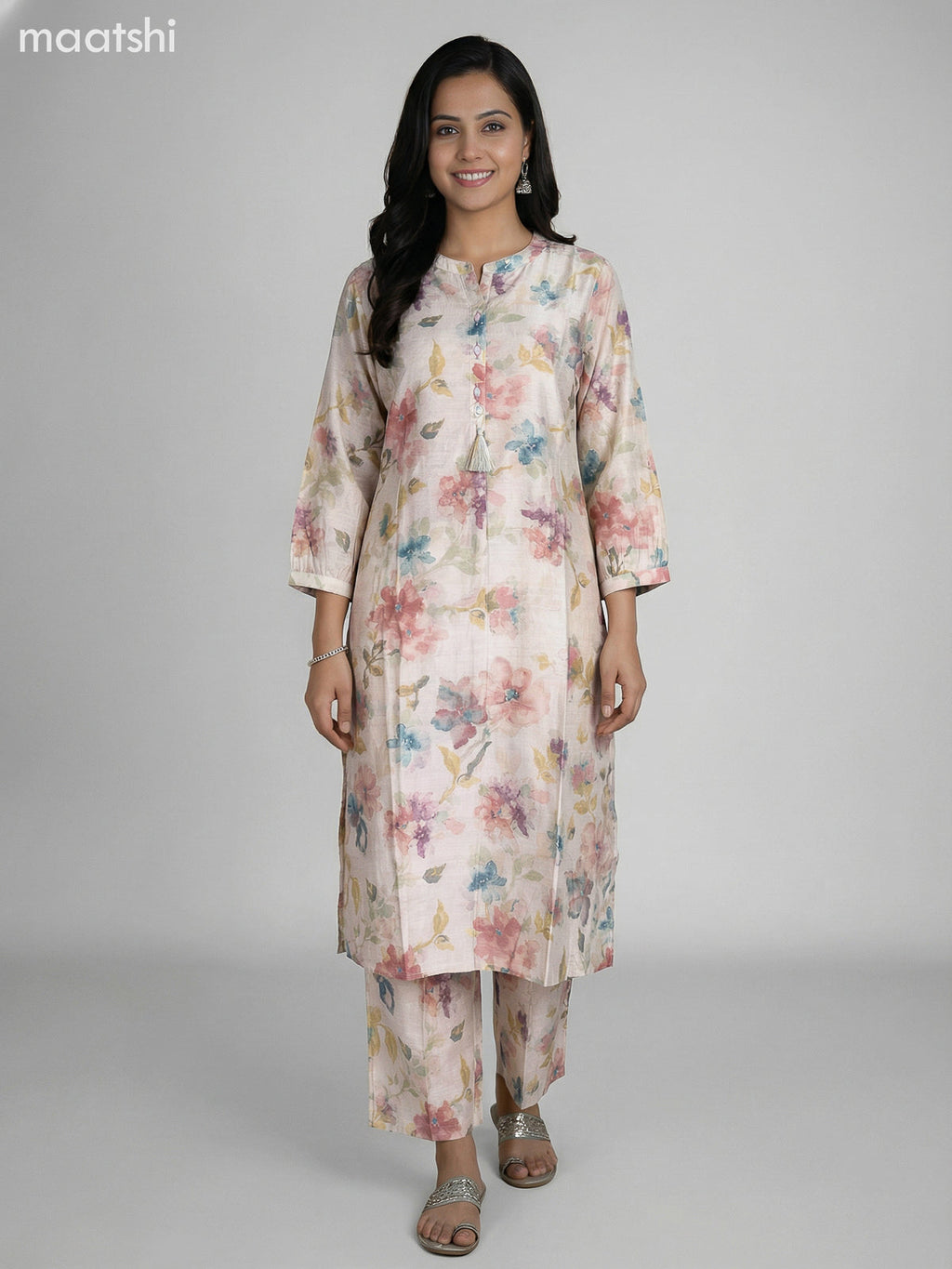 Cream Semi Silk Floral Printed Co-Ord Set