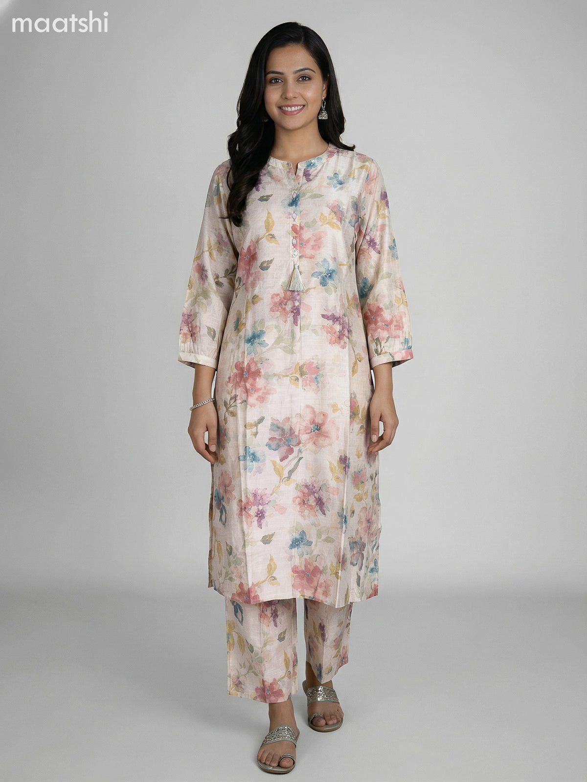Cream Semi Silk Floral Printed Co-Ord Set
