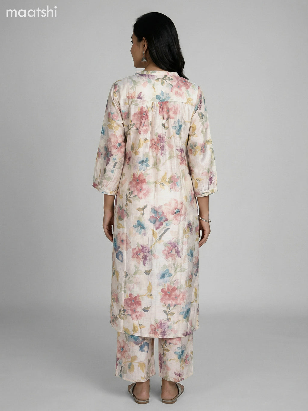 Cream Semi Silk Floral Printed Co-Ord Set