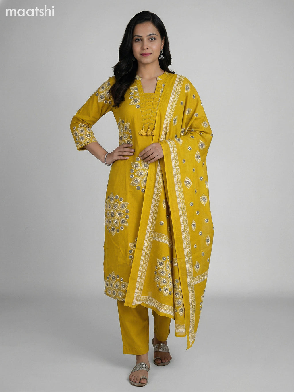 Mustard Yellow Cotton Printed Straight Suit