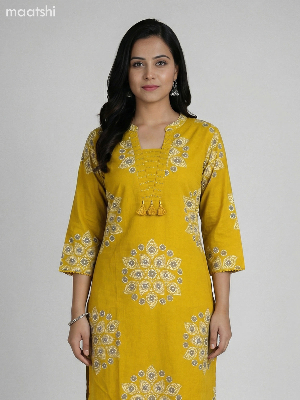 Mustard Yellow Cotton Printed Straight Suit