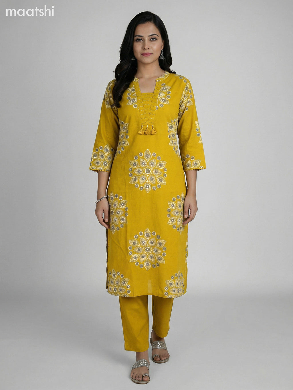 Mustard Yellow Cotton Printed Straight Suit