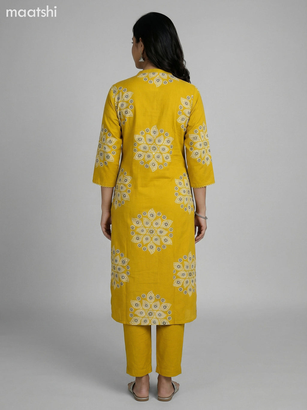 Mustard Yellow Cotton Printed Straight Suit