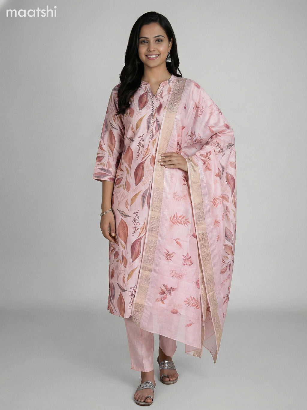 Peach Shade Semi Silk Floral Printed Straight Suit