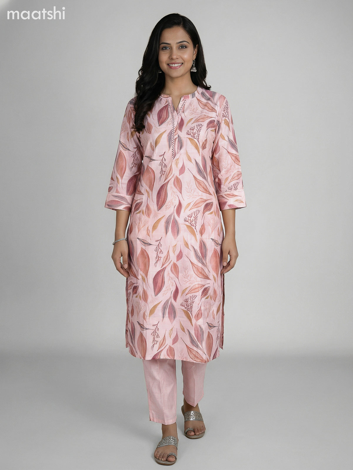 Peach Shade Semi Silk Floral Printed Straight Suit