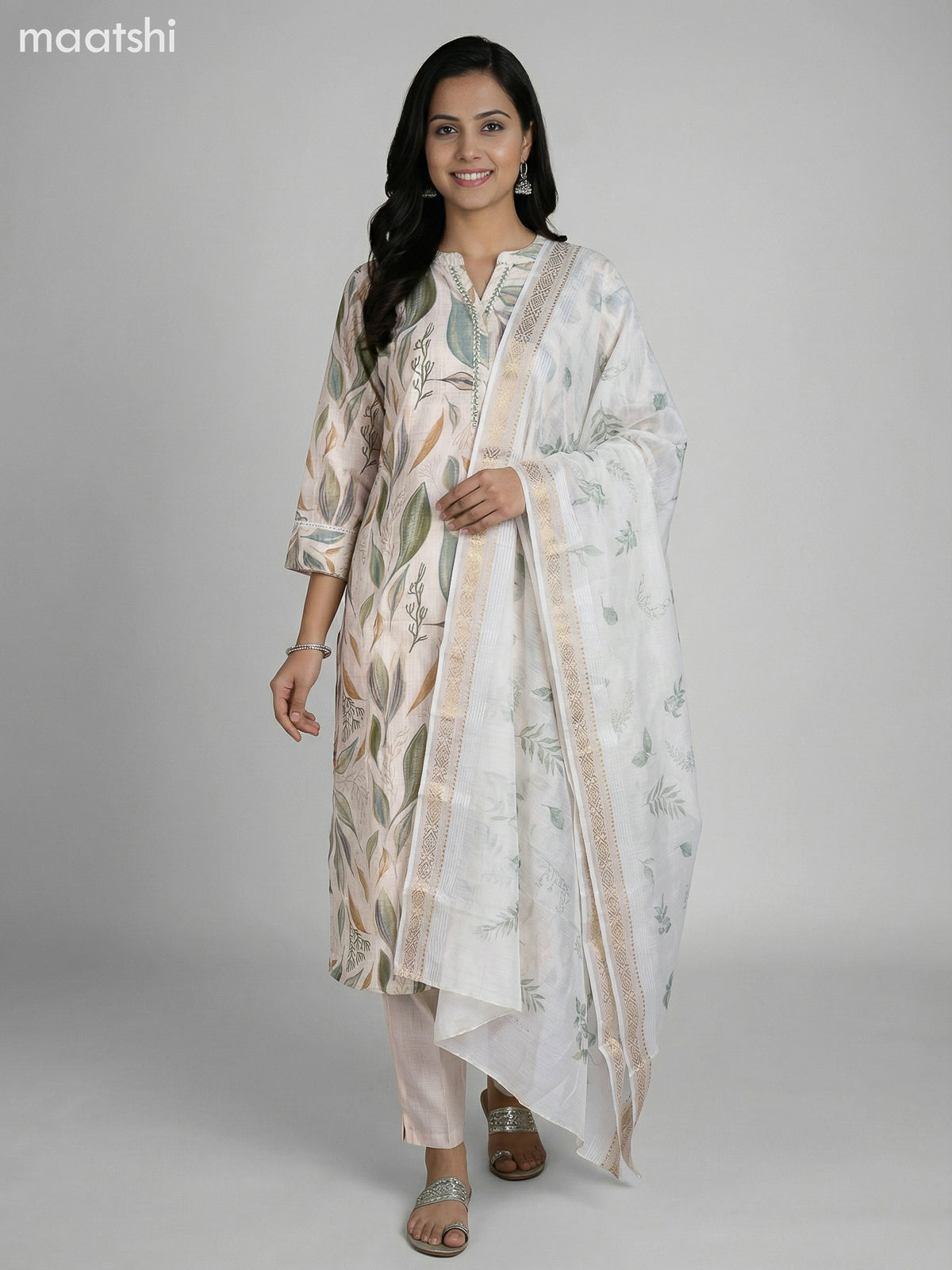 Cream Semi Silk Floral Printed Straight Suit