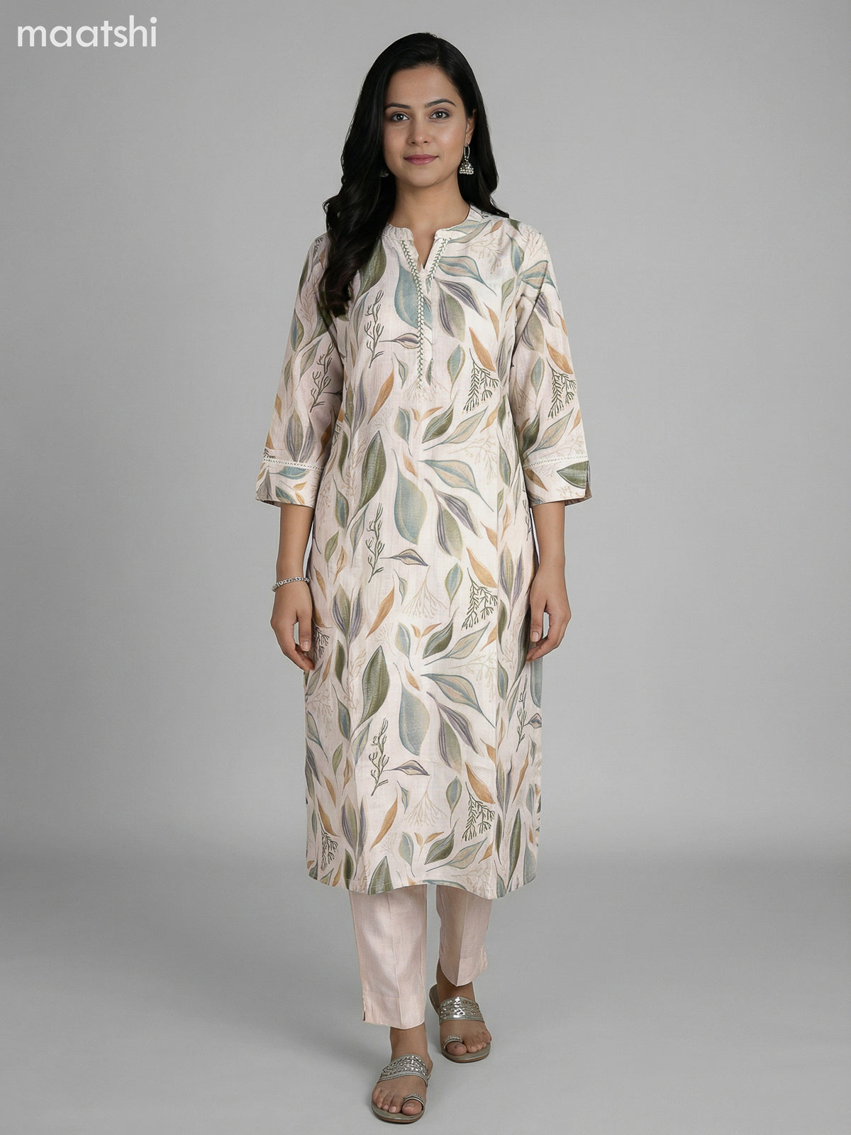 Cream Semi Silk Floral Printed Straight Suit