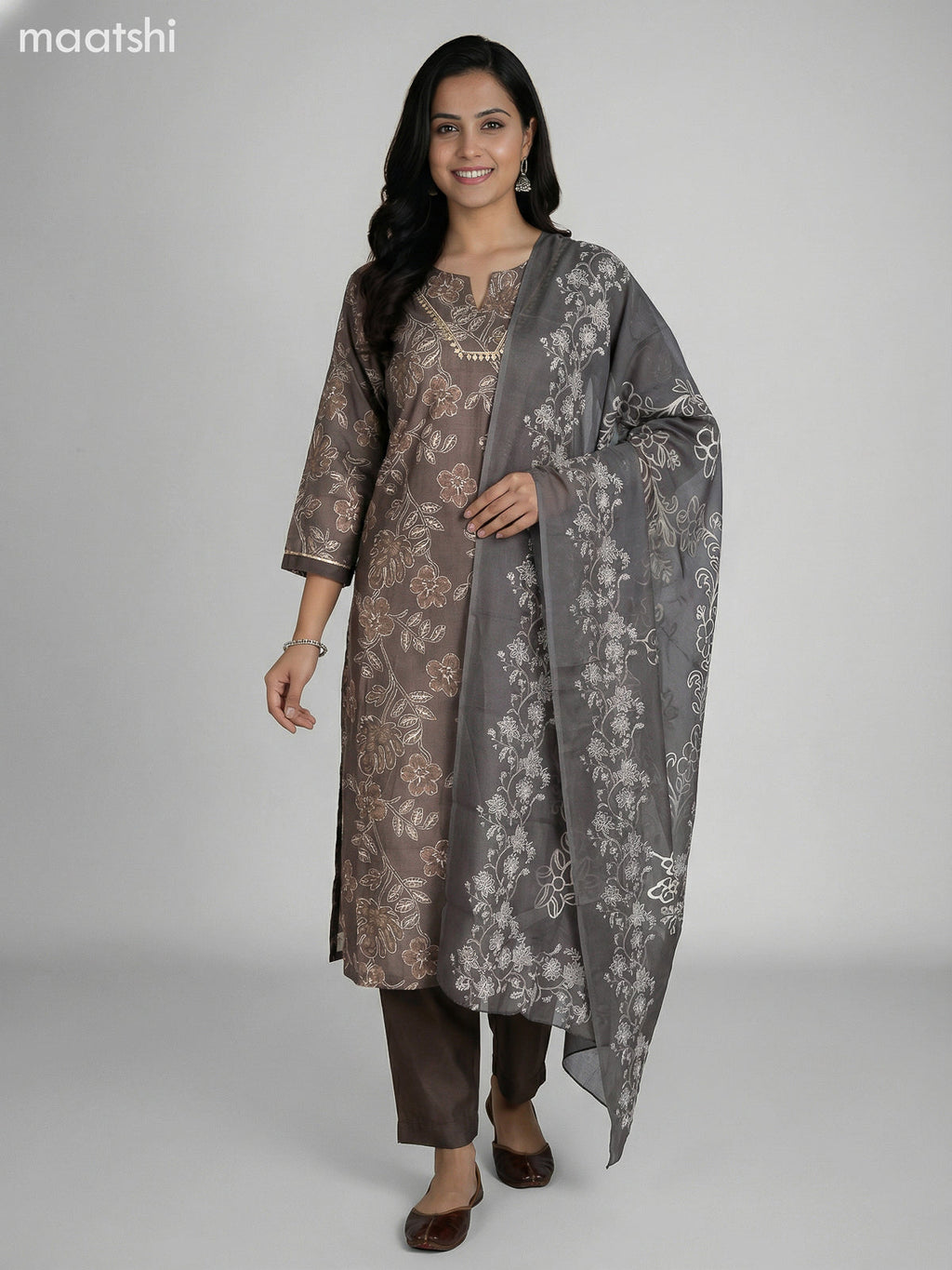 Dark Grey Semi Silk Floral Printed Straight Suit