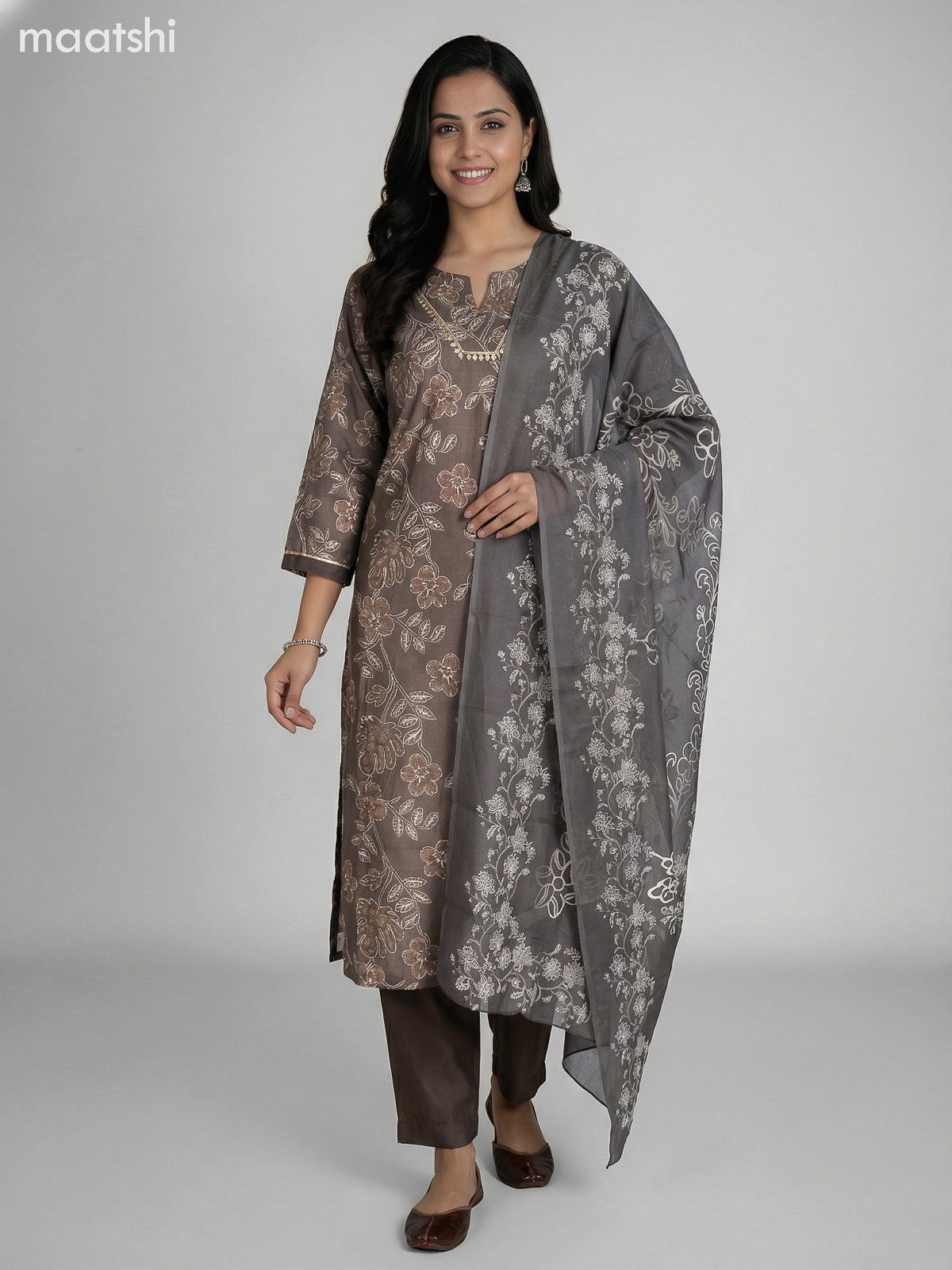 Dark Grey Semi Silk Floral Printed Straight Suit