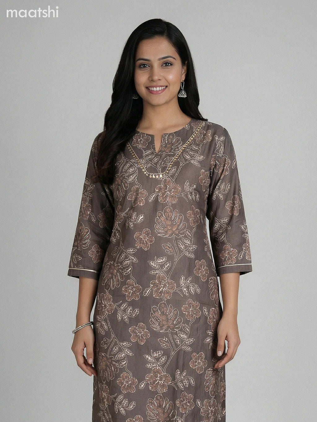 Dark Grey Semi Silk Floral Printed Straight Suit