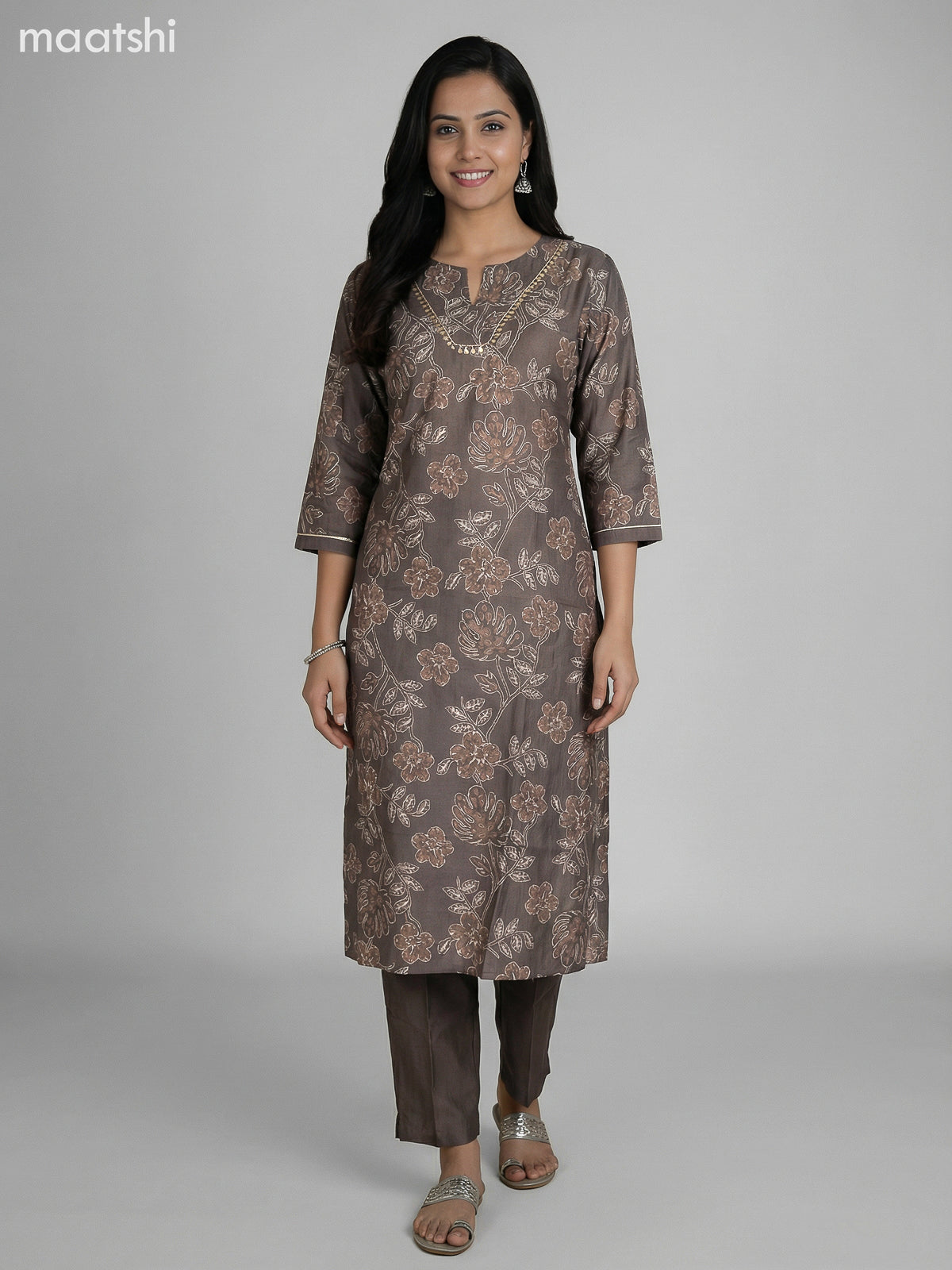 Dark Grey Semi Silk Floral Printed Straight Suit