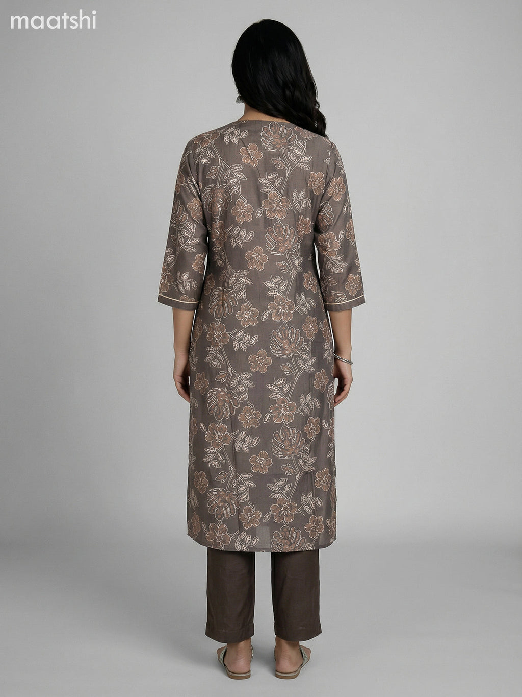 Dark Grey Semi Silk Floral Printed Straight Suit