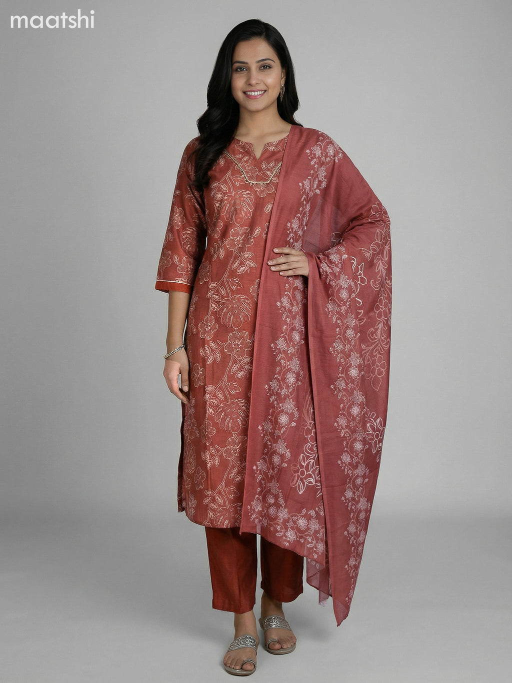 Rust Shade Semi Silk Floral Printed Straight Suit