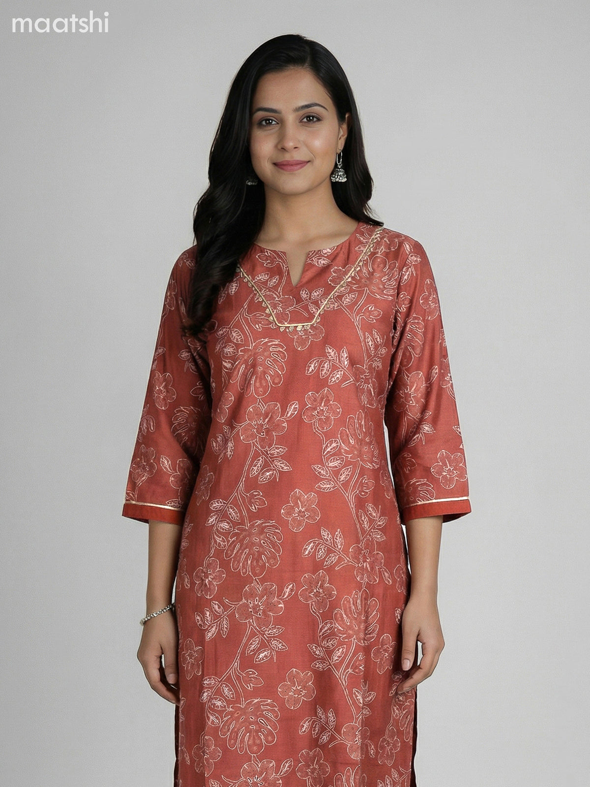 Rust Shade Semi Silk Floral Printed Straight Suit