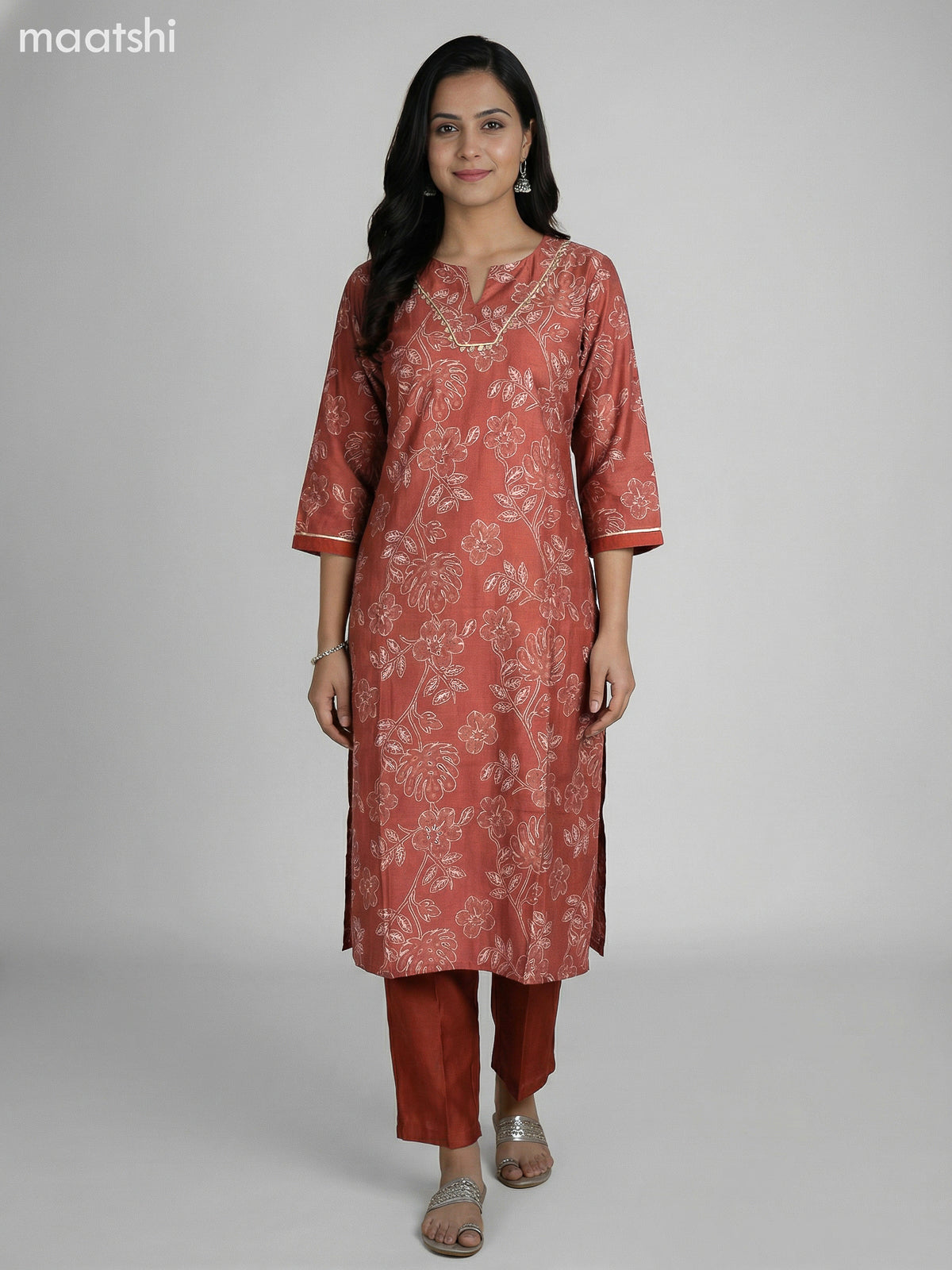 Rust Shade Semi Silk Floral Printed Straight Suit
