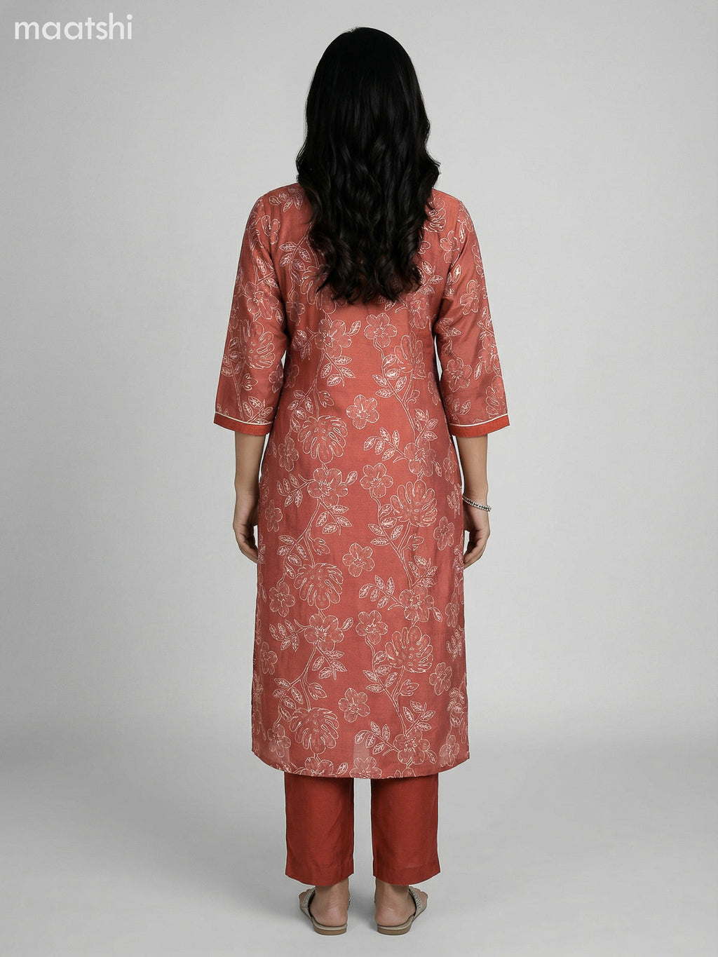 Rust Shade Semi Silk Floral Printed Straight Suit