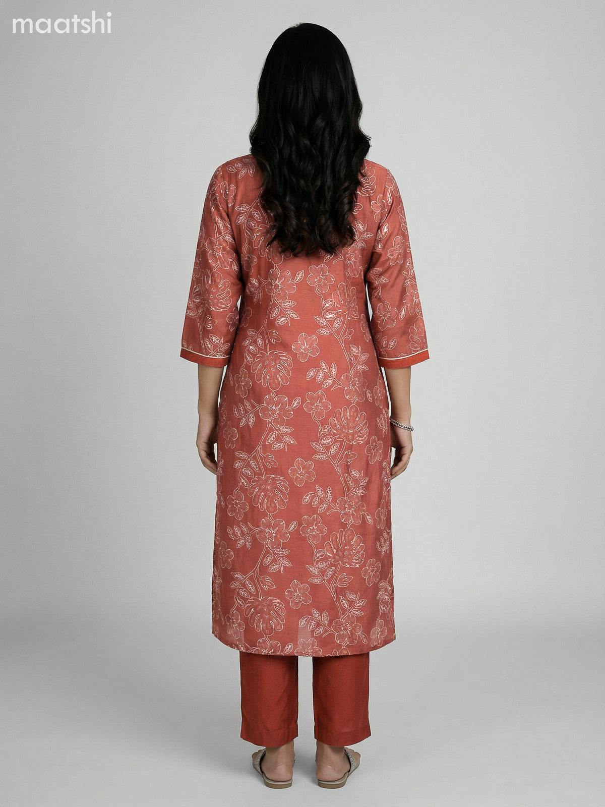 Rust Shade Semi Silk Floral Printed Straight Suit