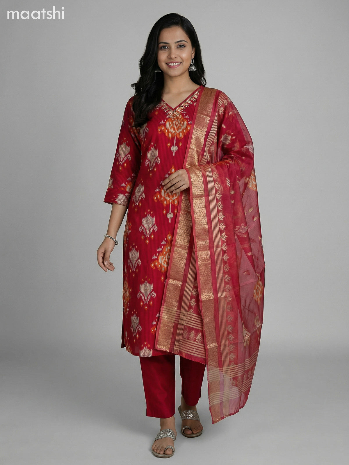 Reddish Pink Semi Silk Ikat Weaves Straight Suit
