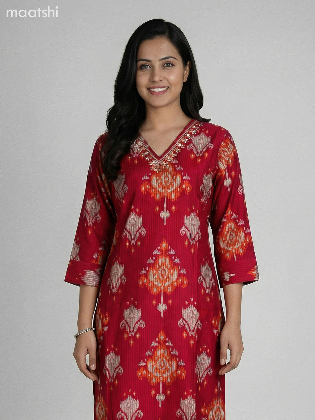 Reddish Pink Semi Silk Ikat Weaves Straight Suit