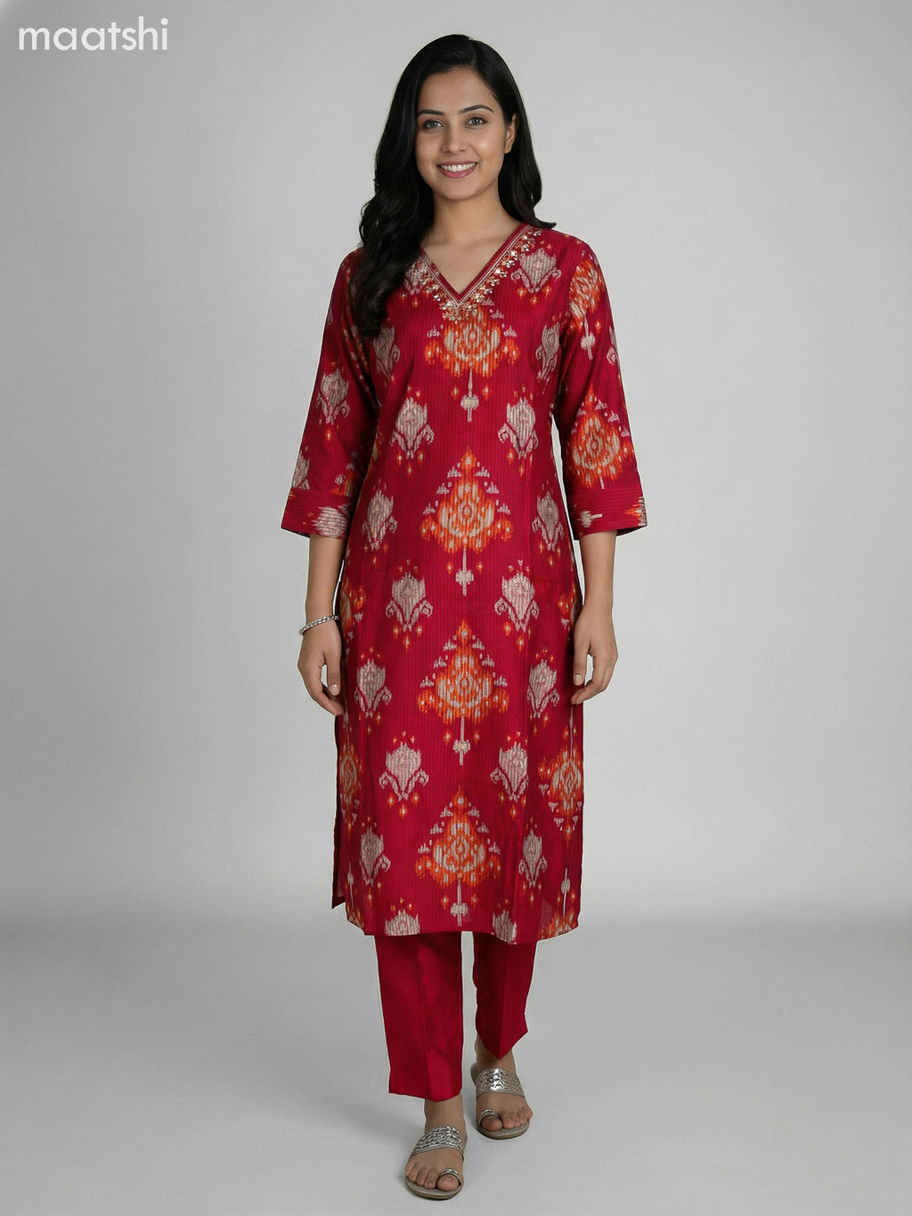 Reddish Pink Semi Silk Ikat Weaves Straight Suit