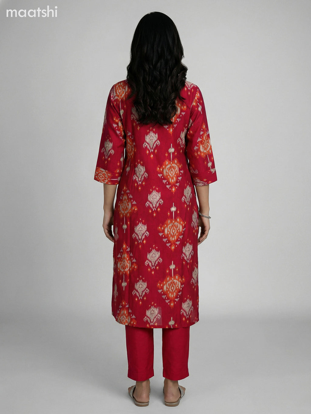 Reddish Pink Semi Silk Ikat Weaves Straight Suit
