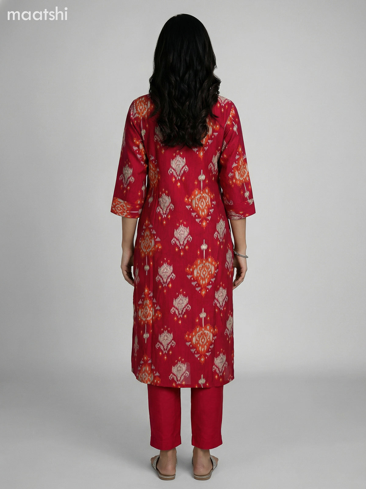 Reddish Pink Semi Silk Ikat Weaves Straight Suit
