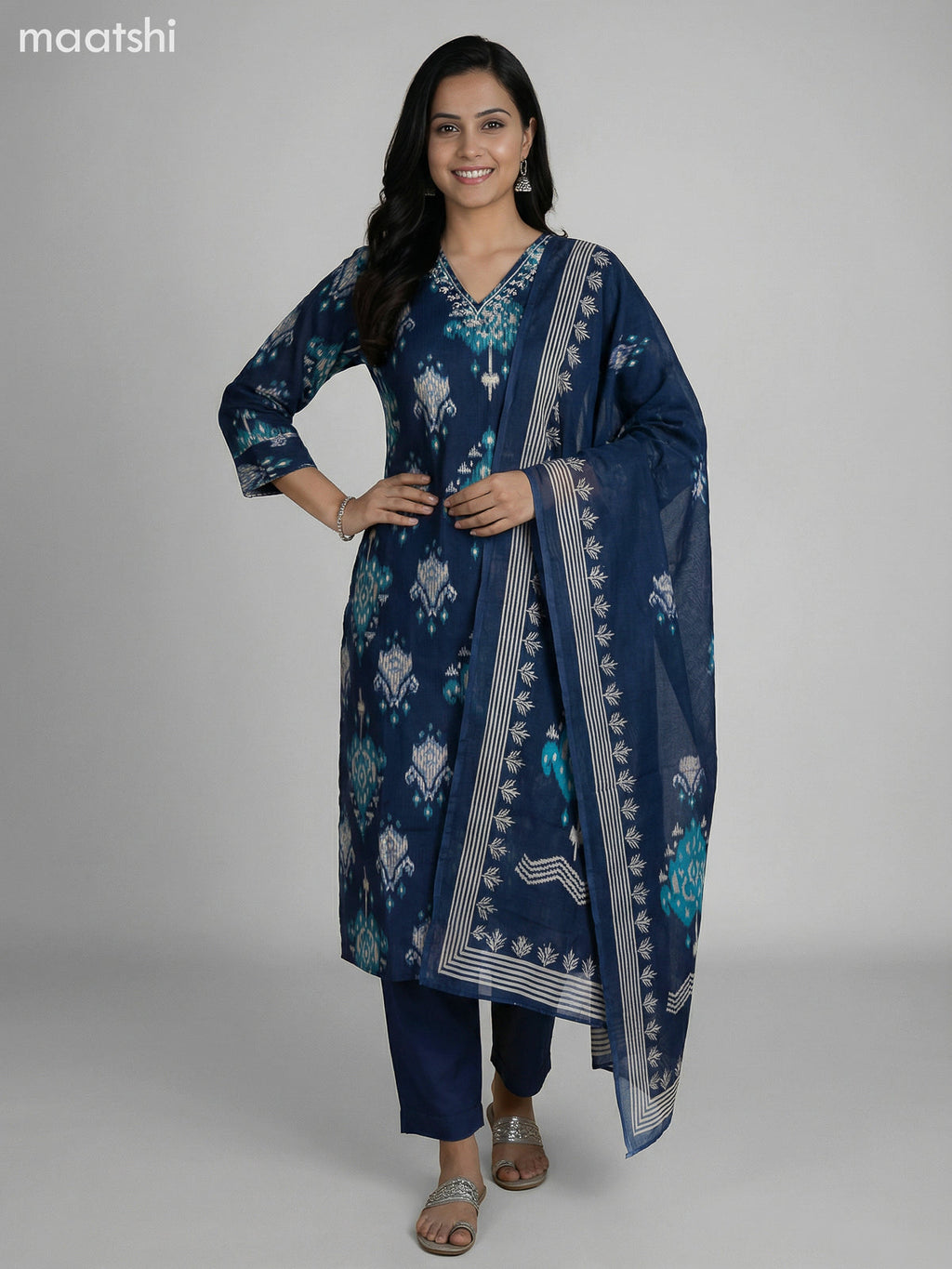 Peacock Blue Semi Silk Ikat Weaves Straight Suit