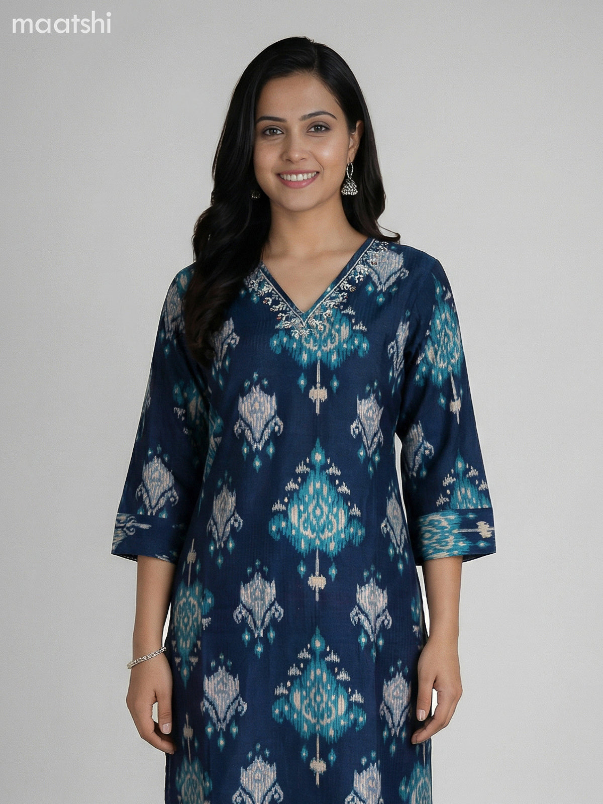 Peacock Blue Semi Silk Ikat Weaves Straight Suit