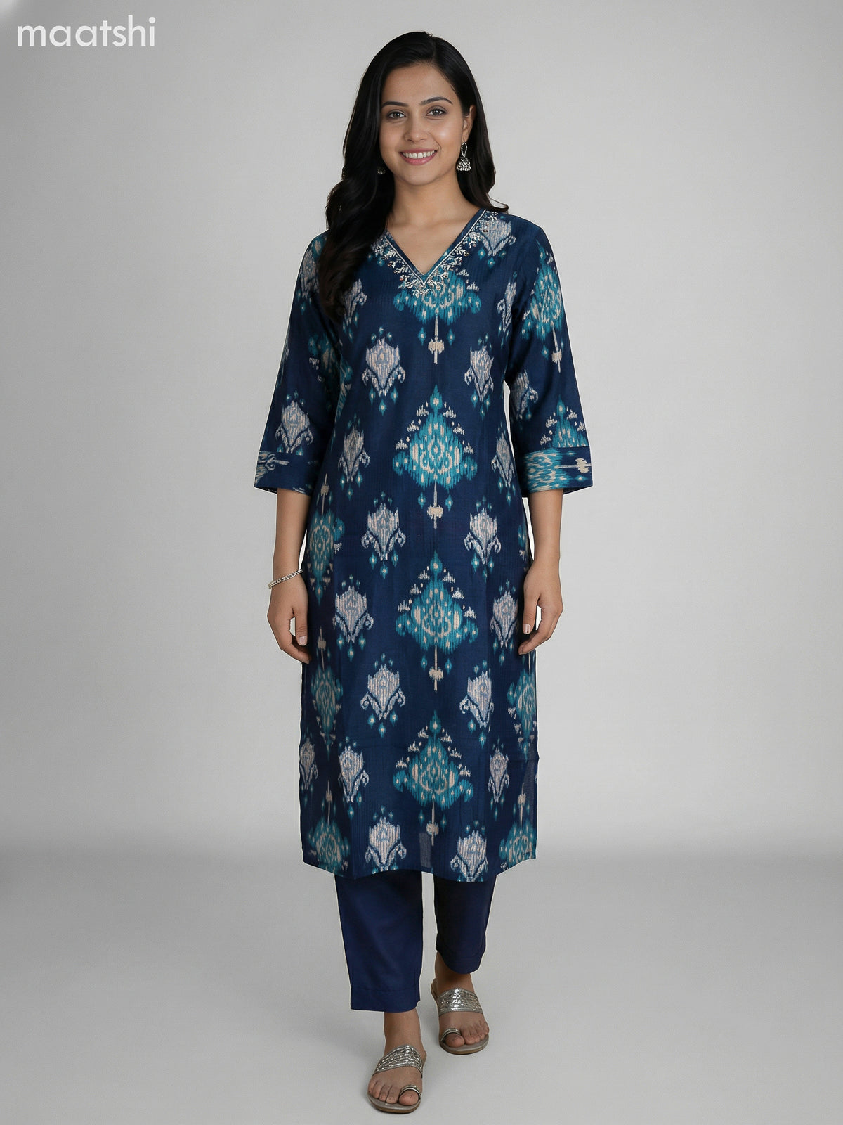Peacock Blue Semi Silk Ikat Weaves Straight Suit