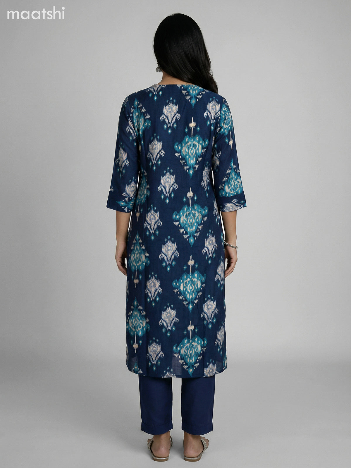 Peacock Blue Semi Silk Ikat Weaves Straight Suit