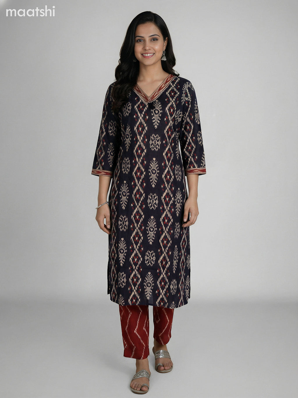 Black and Brown Cotton Ikat Weaves Straight Suit