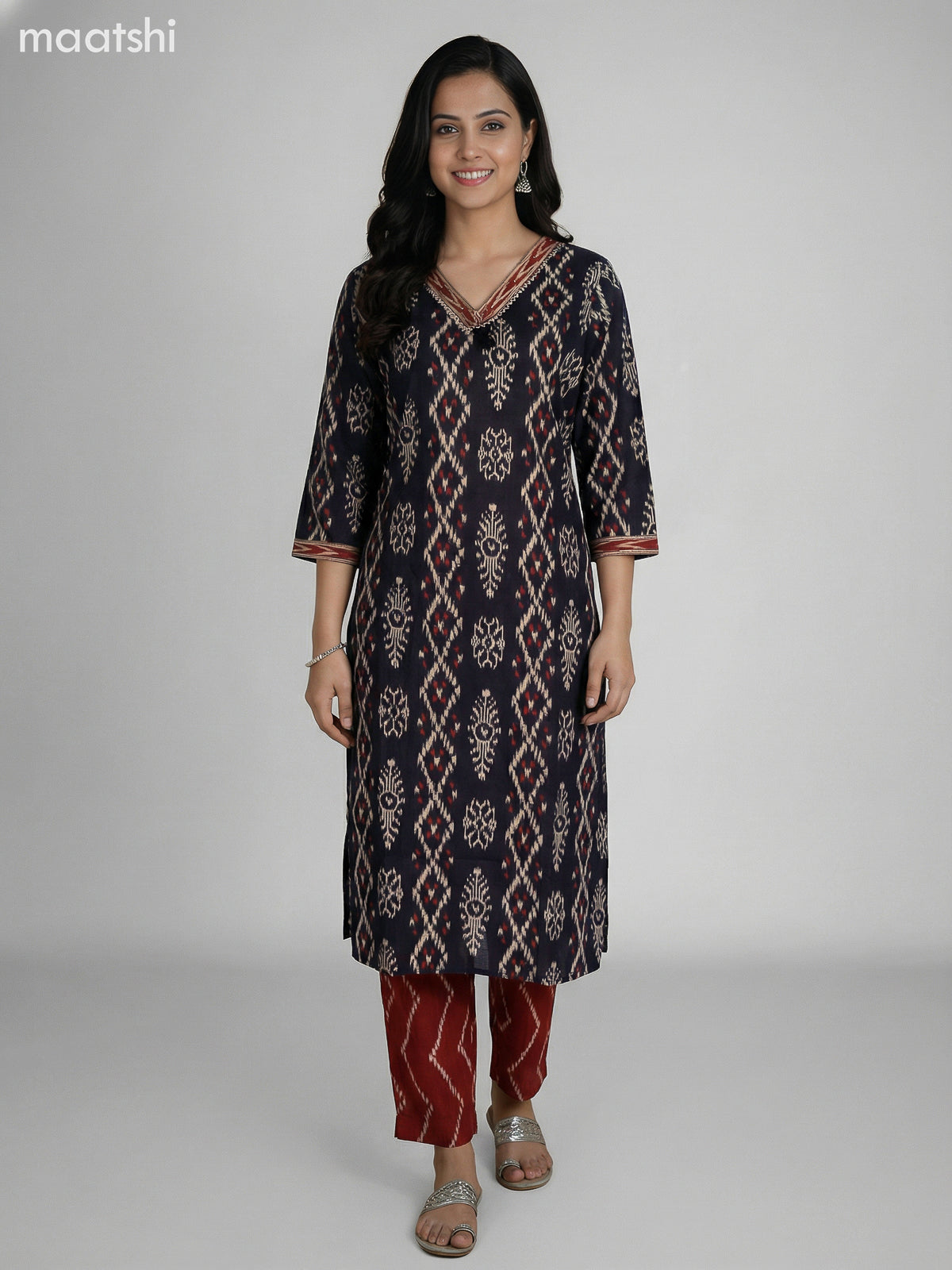 Black and Brown Cotton Ikat Weaves Straight Suit