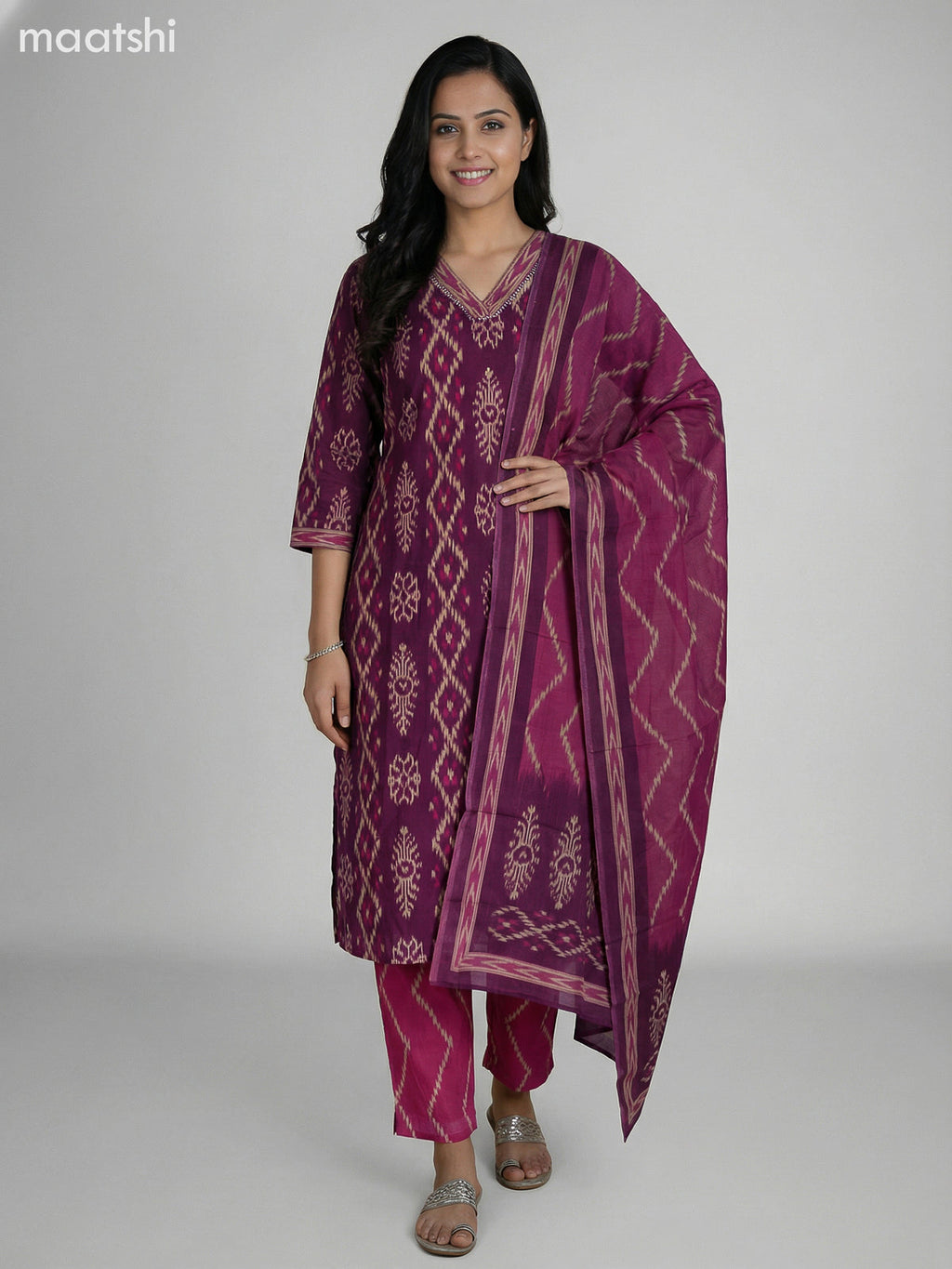 Magenta Pink and Pink Cotton Ikat Weaves Straight Suit