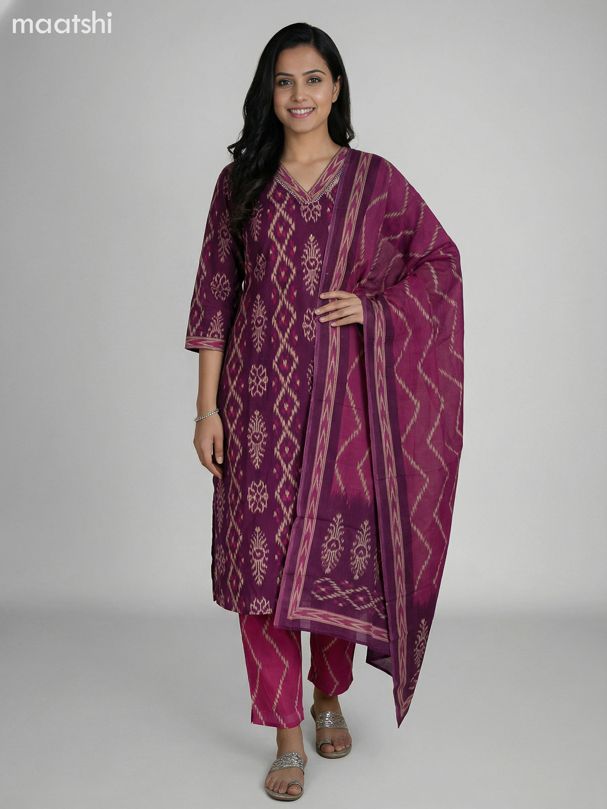 Magenta Pink and Pink Cotton Ikat Weaves Straight Suit
