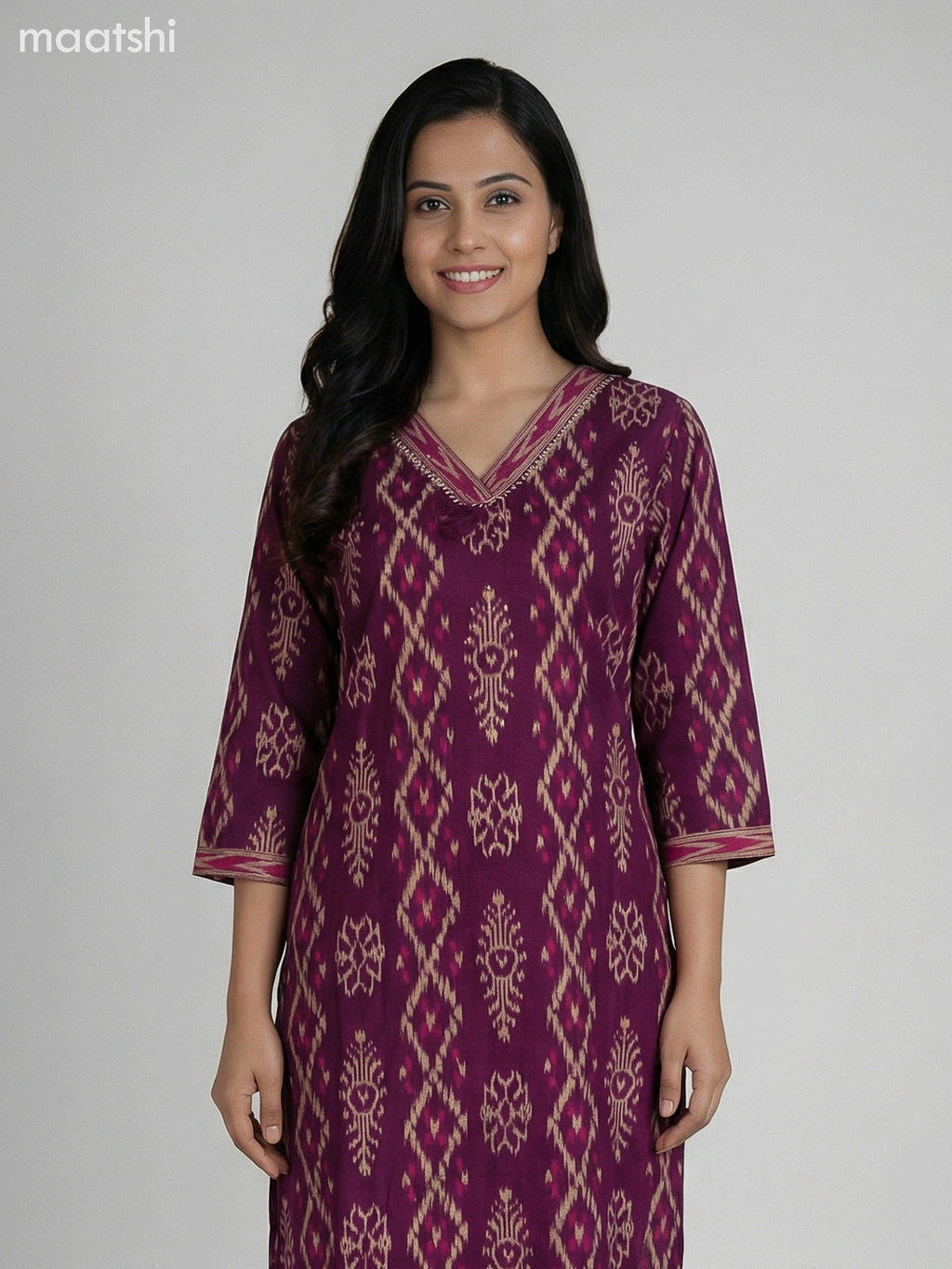 Magenta Pink and Pink Cotton Ikat Weaves Straight Suit