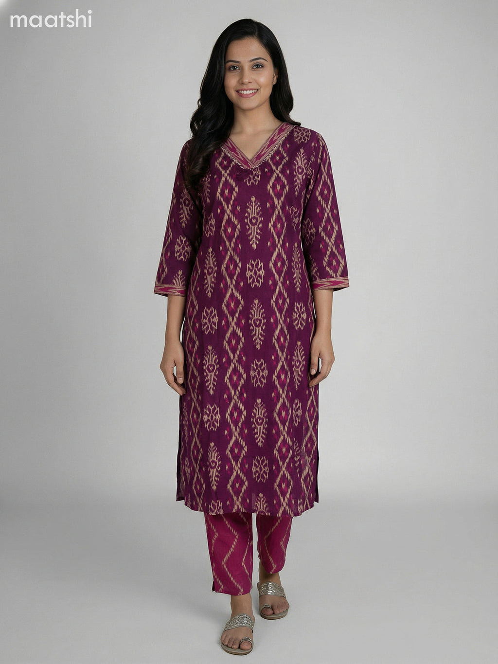Magenta Pink and Pink Cotton Ikat Weaves Straight Suit