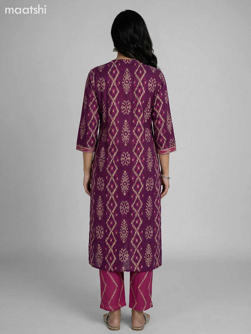 Magenta Pink and Pink Cotton Ikat Weaves Straight Suit