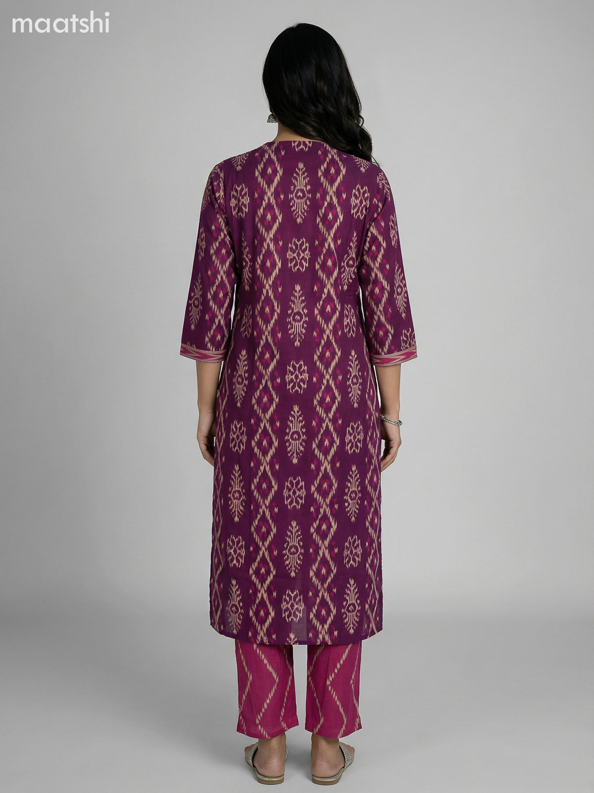 Magenta Pink and Pink Cotton Ikat Weaves Straight Suit
