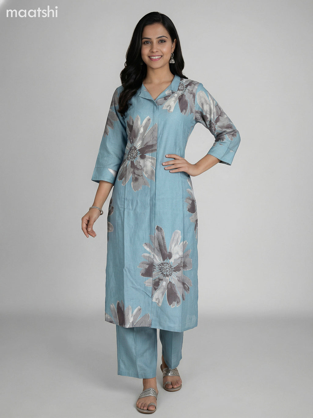 Pastel Blue Rayon Printed Kurti Set