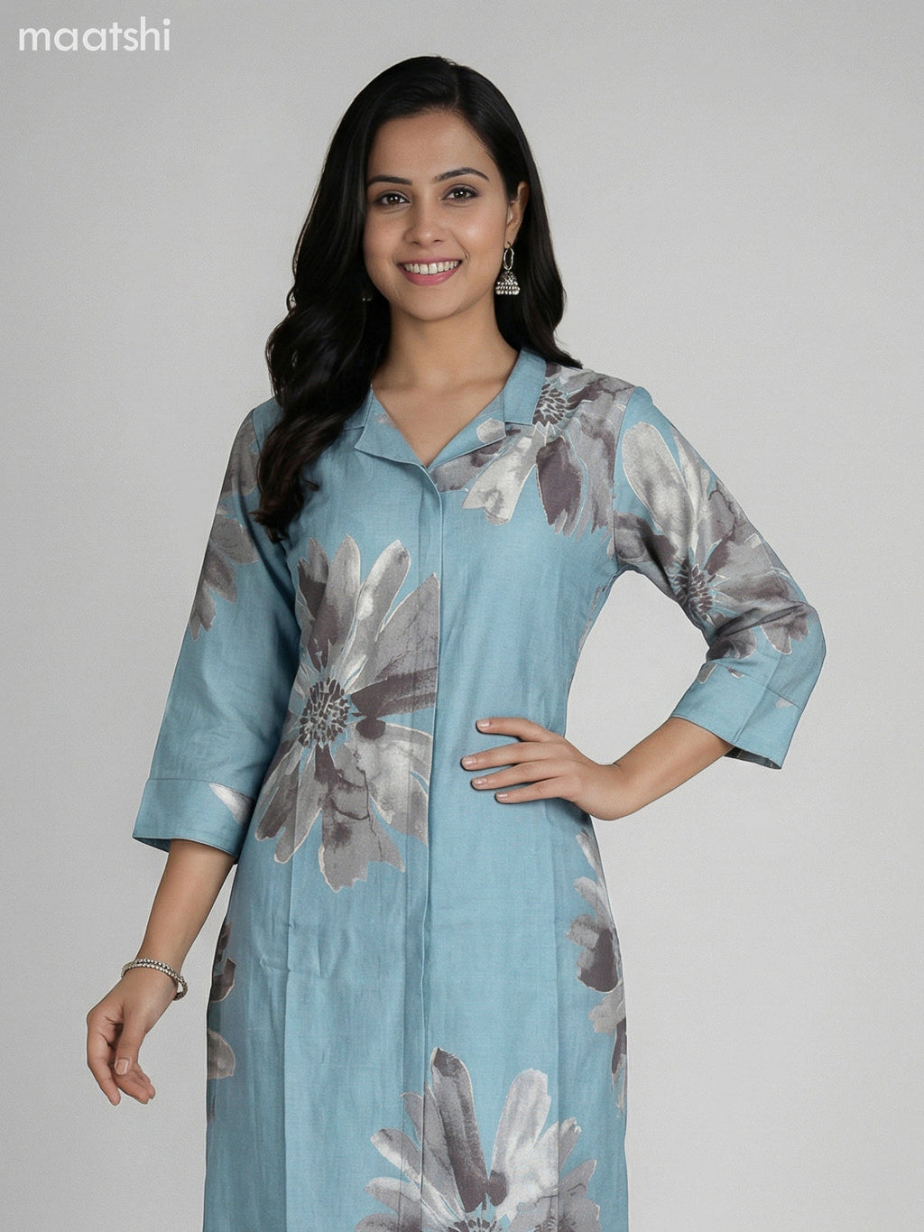 Pastel Blue Rayon Printed Kurti Set