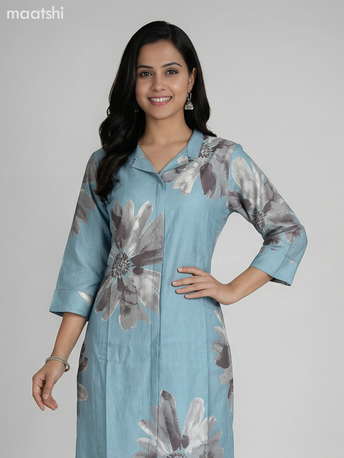 Pastel Blue Rayon Printed Kurti Set