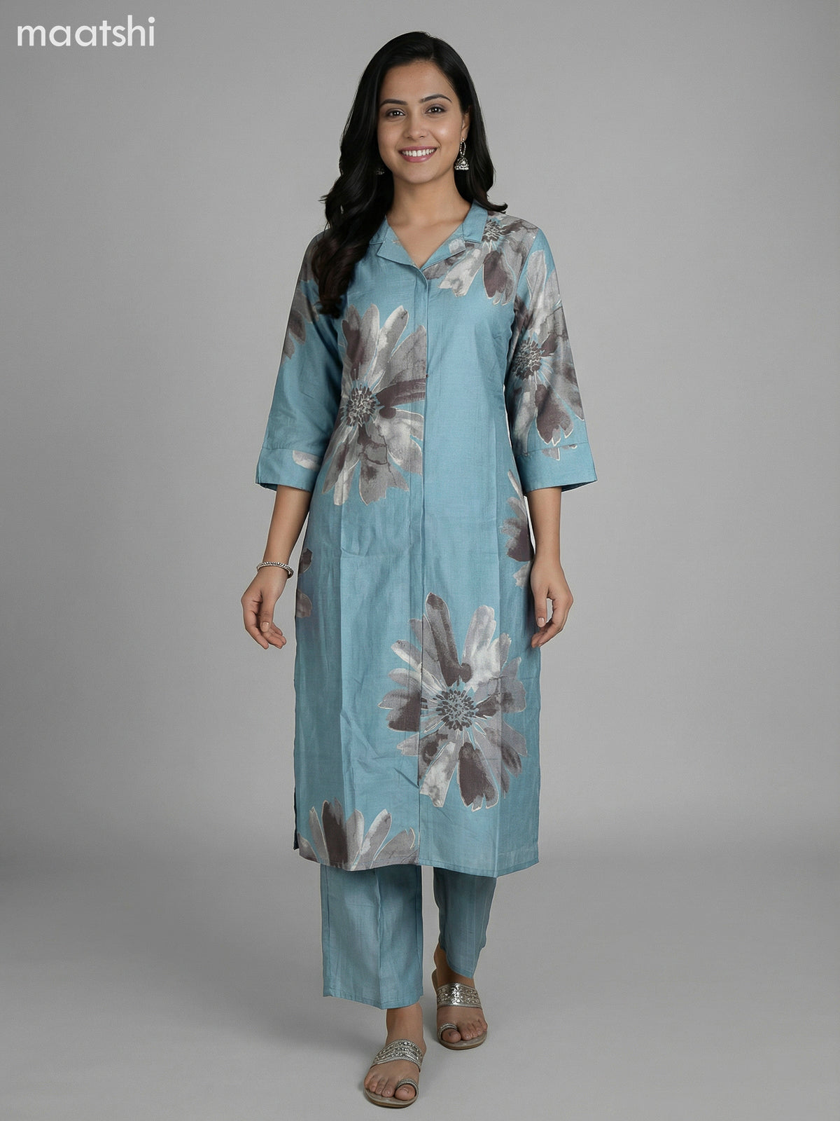 Pastel Blue Rayon Printed Kurti Set