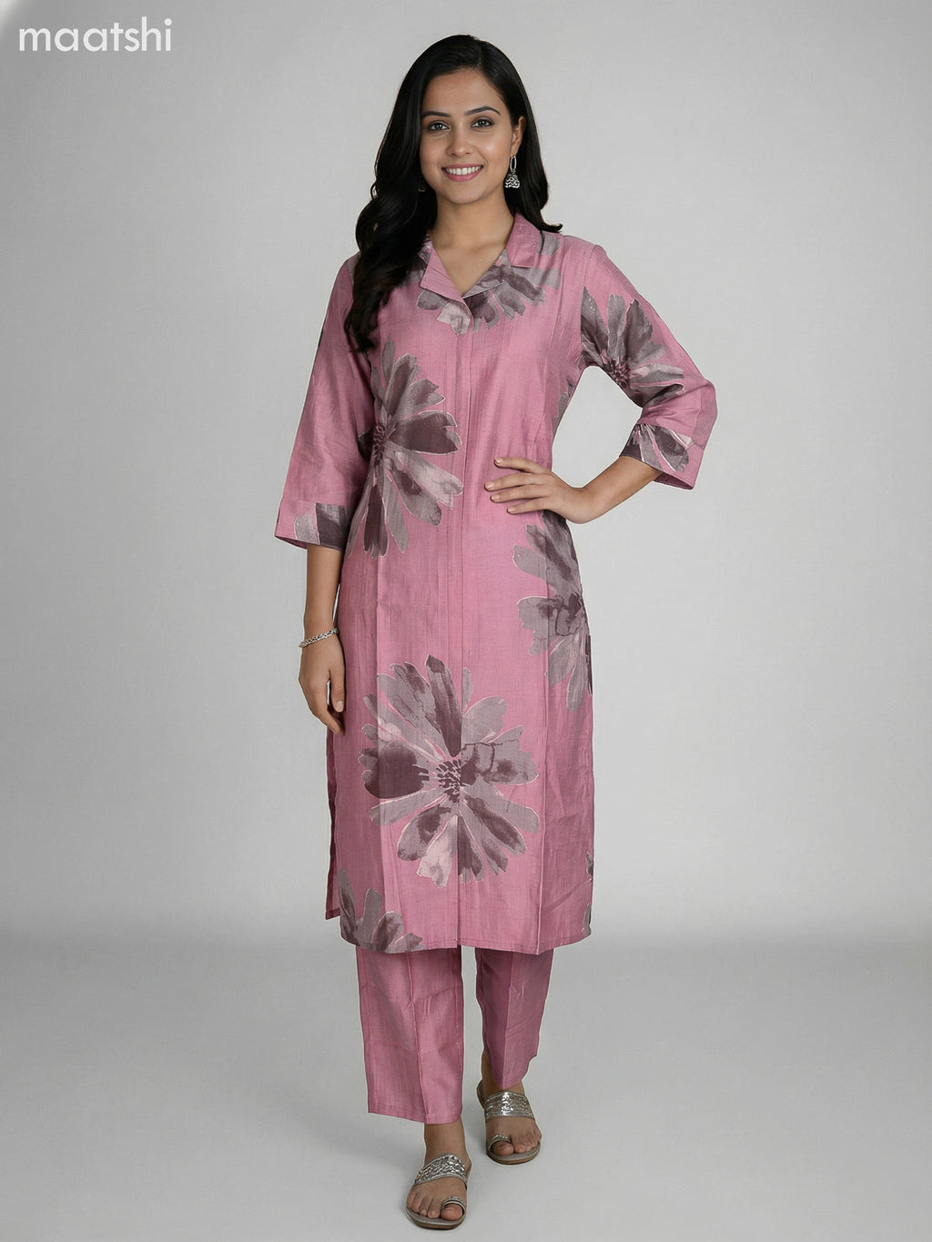 Peach Pink Rayon Printed Kurti Set