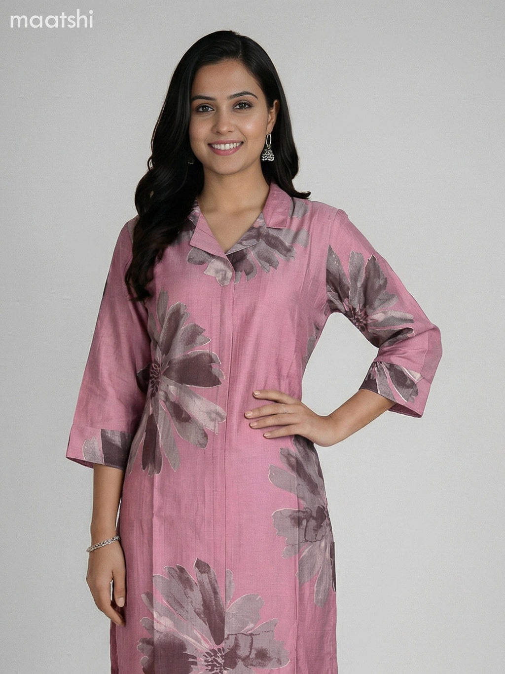 Peach Pink Rayon Printed Kurti Set