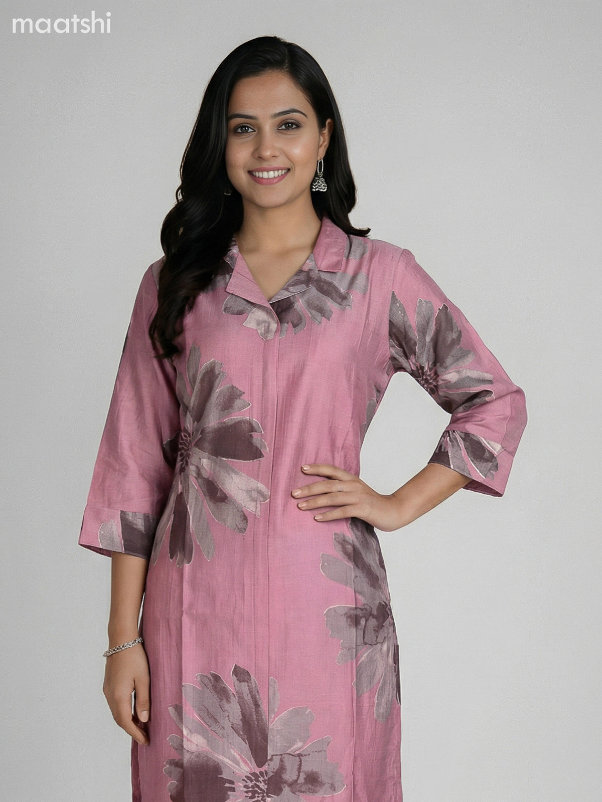 Peach Pink Rayon Printed Kurti Set