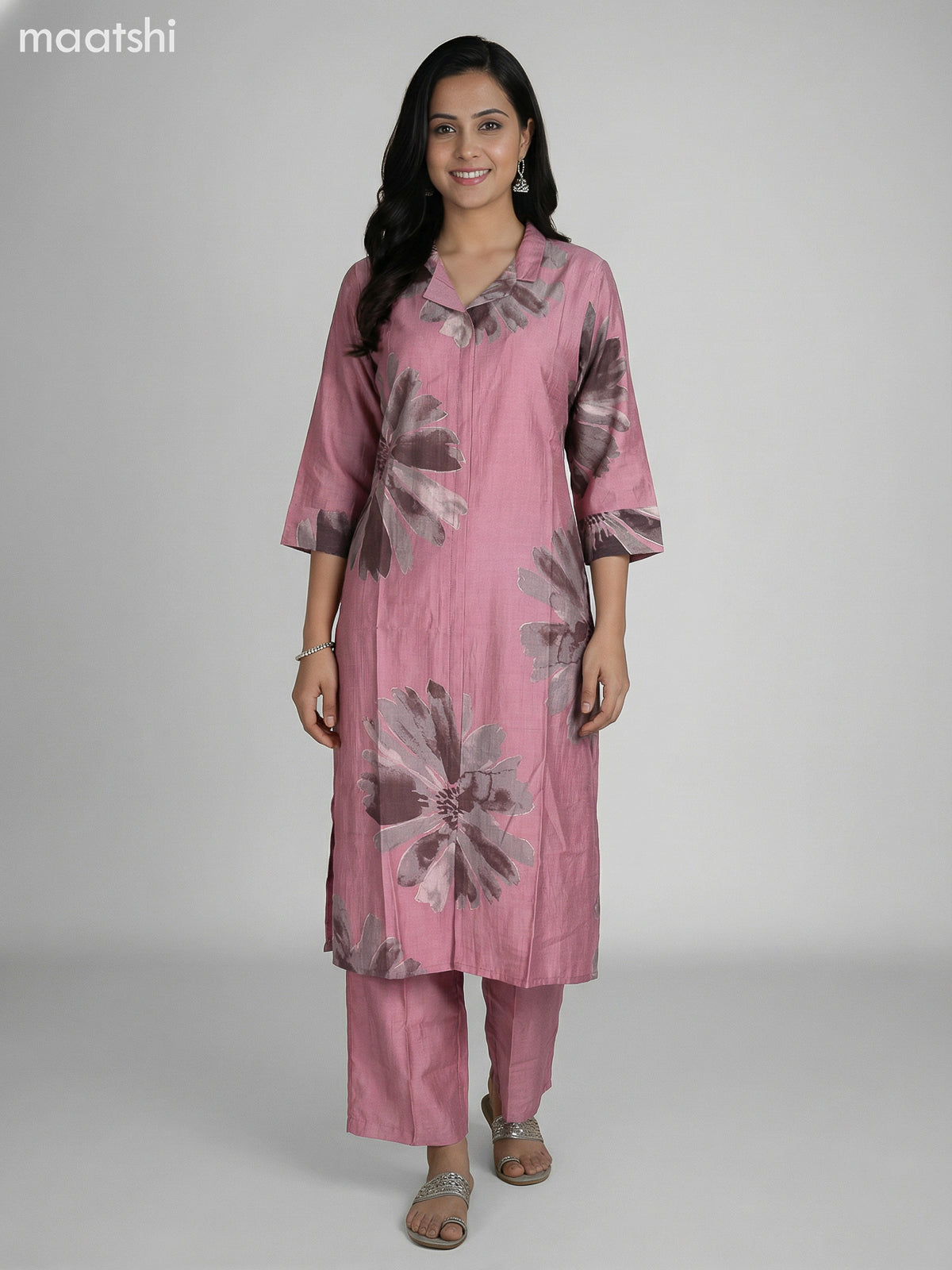 Peach Pink Rayon Printed Kurti Set