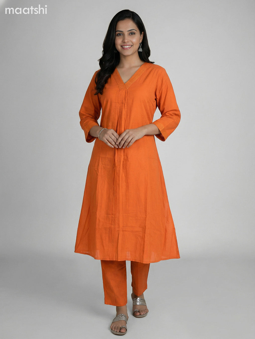 Rustic Orange Cotton V Neck Pattern Kurti Set