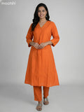 Rustic Orange Cotton V Neck Pattern Kurti Set