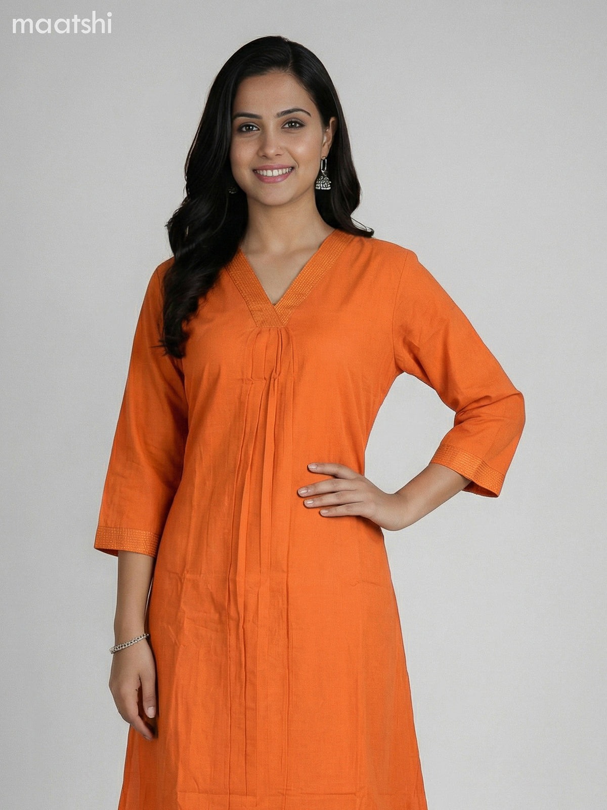 Rustic Orange Cotton V Neck Pattern Kurti Set