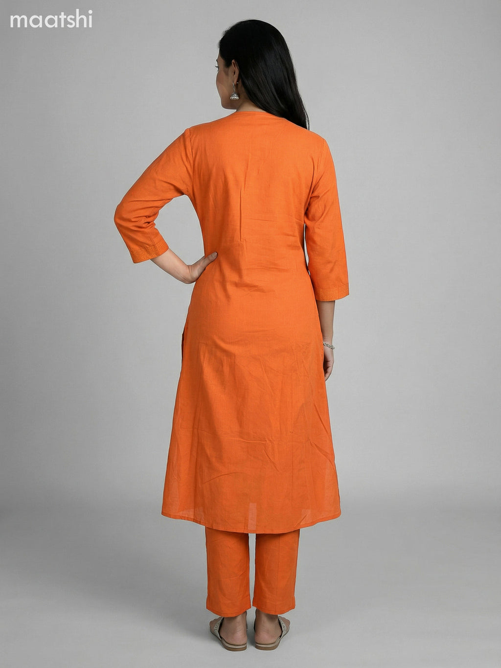 Rustic Orange Cotton V Neck Pattern Kurti Set